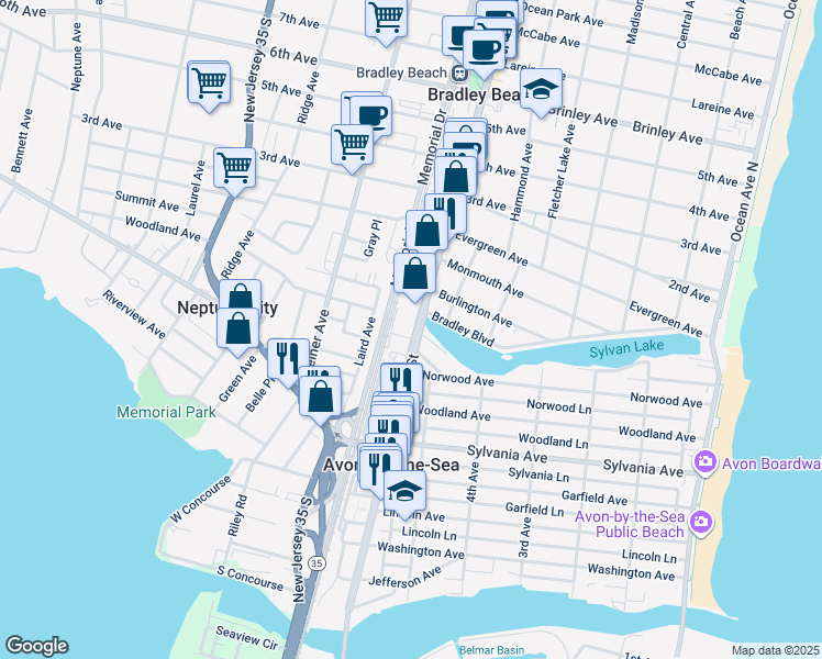map of restaurants, bars, coffee shops, grocery stores, and more near 801 Main Street in Avon-by-the-Sea