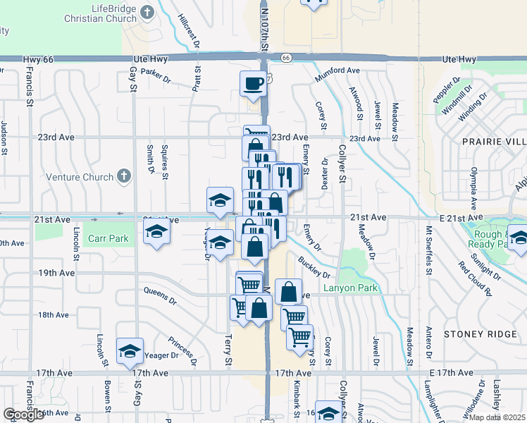 map of restaurants, bars, coffee shops, grocery stores, and more near 601 21st Avenue in Longmont