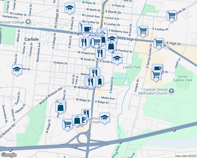 map of restaurants, bars, coffee shops, grocery stores, and more near 416 South Hanover Street in Carlisle