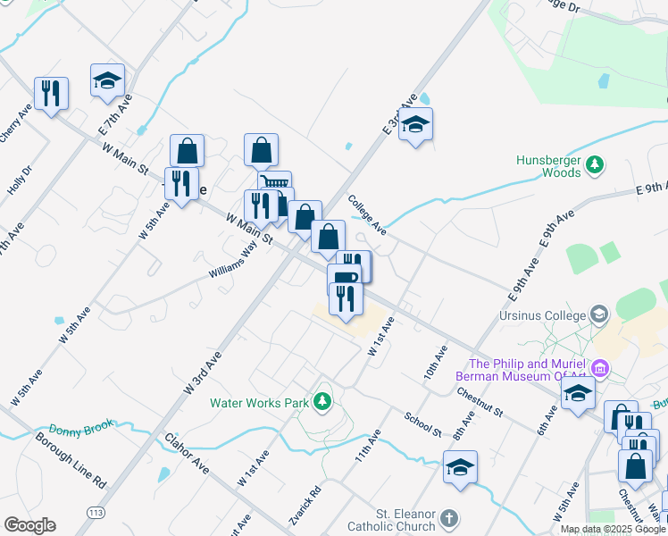 map of restaurants, bars, coffee shops, grocery stores, and more near 177 West Main Street in Collegeville