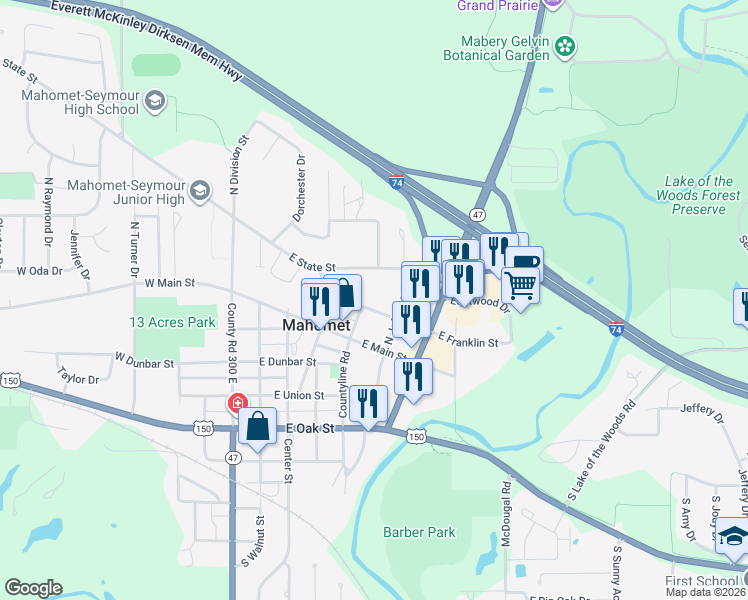 map of restaurants, bars, coffee shops, grocery stores, and more near 511 East Franklin Street in Mahomet