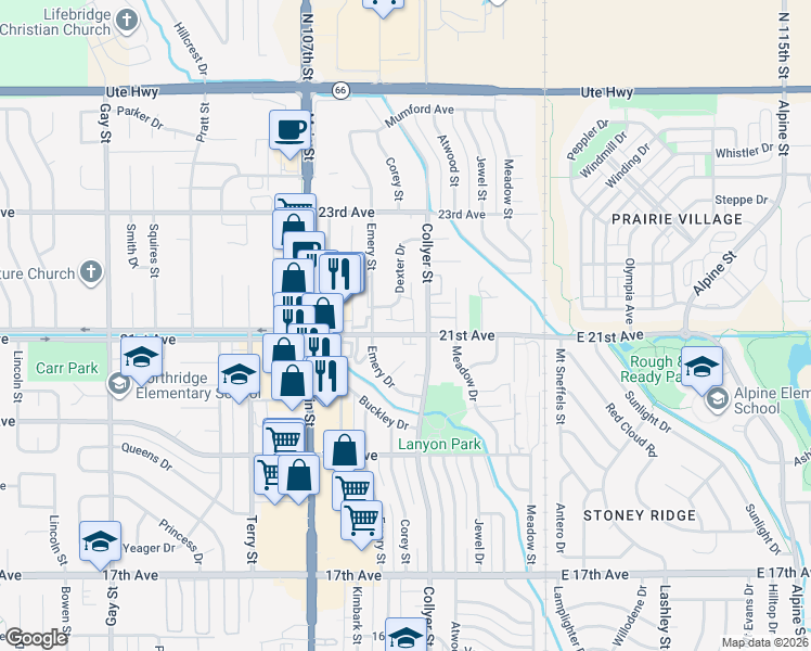 map of restaurants, bars, coffee shops, grocery stores, and more near 322 21st Avenue in Longmont