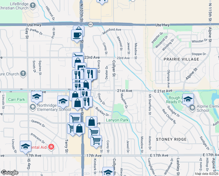 map of restaurants, bars, coffee shops, grocery stores, and more near 331 21st Avenue in Longmont