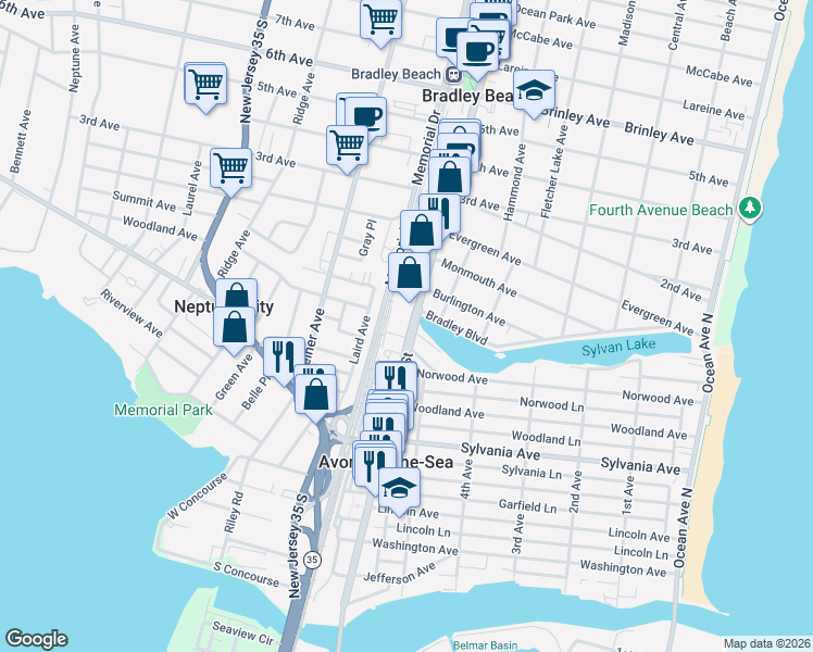 map of restaurants, bars, coffee shops, grocery stores, and more near 526 West End Avenue in Avon-by-the-Sea