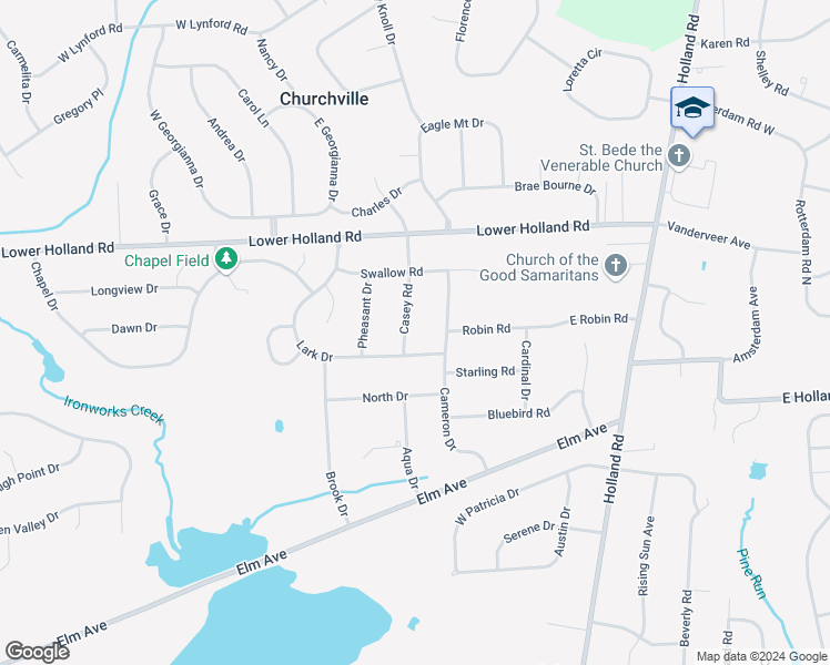 map of restaurants, bars, coffee shops, grocery stores, and more near 45 Lark Drive in Holland