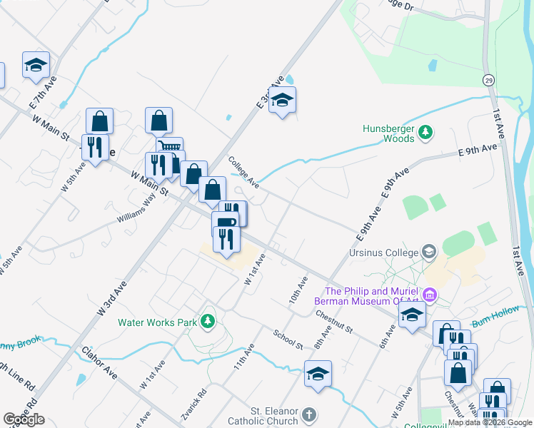 map of restaurants, bars, coffee shops, grocery stores, and more near 123 West Main Street in Trappe