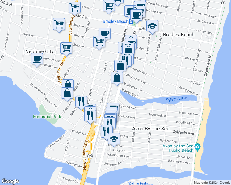 map of restaurants, bars, coffee shops, grocery stores, and more near 801 Main Street in Avon-by-the-Sea