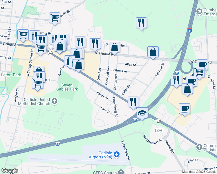 map of restaurants, bars, coffee shops, grocery stores, and more near 102 Petersburg Road in Carlisle