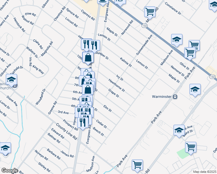 map of restaurants, bars, coffee shops, grocery stores, and more near 425 Grape Street in Warminster