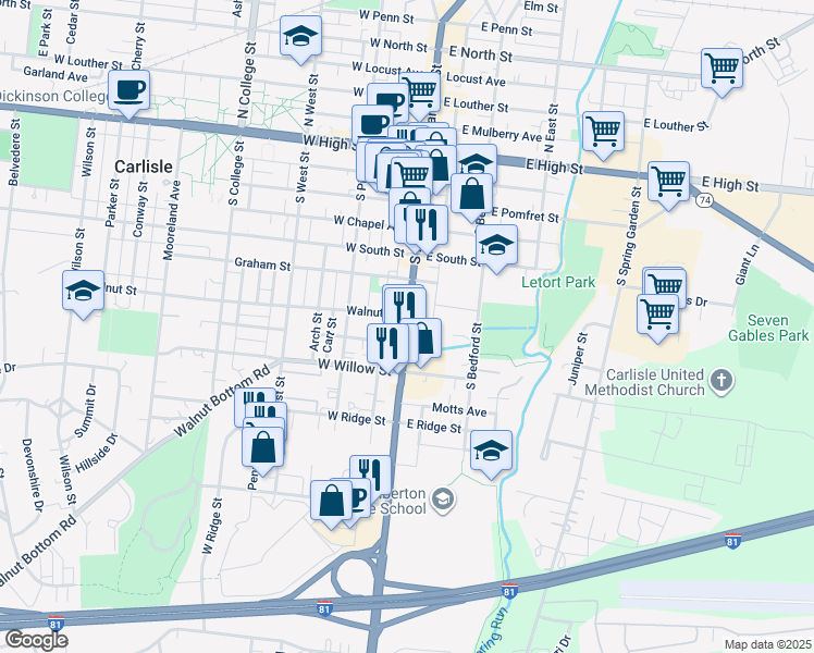 map of restaurants, bars, coffee shops, grocery stores, and more near 416 South Hanover Street in Carlisle