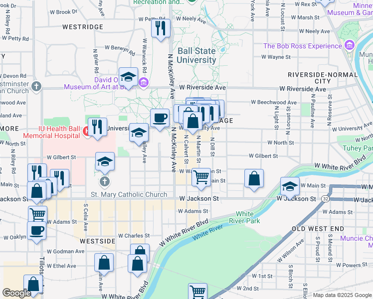 map of restaurants, bars, coffee shops, grocery stores, and more near 223 North Calvert Street in Muncie