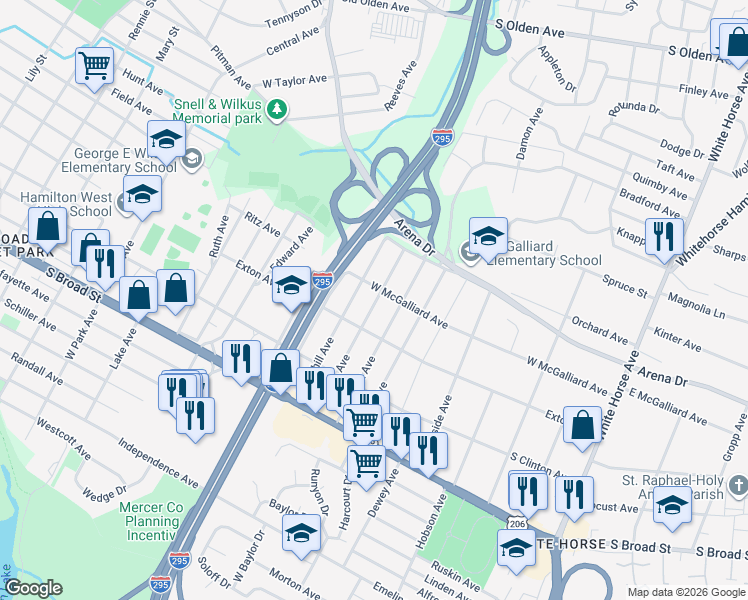map of restaurants, bars, coffee shops, grocery stores, and more near 229 Maddock Avenue in Trenton