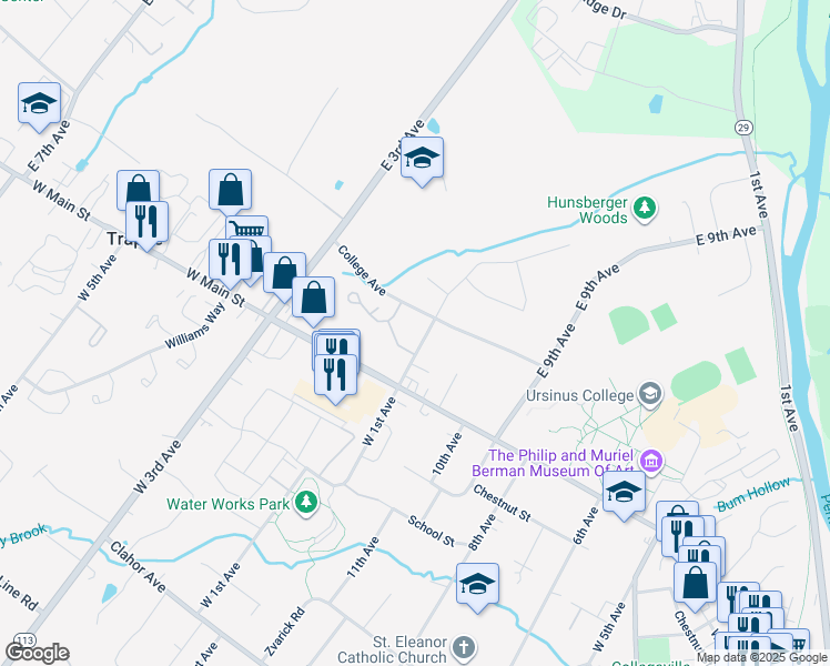 map of restaurants, bars, coffee shops, grocery stores, and more near 29 East 1st Avenue in Trappe