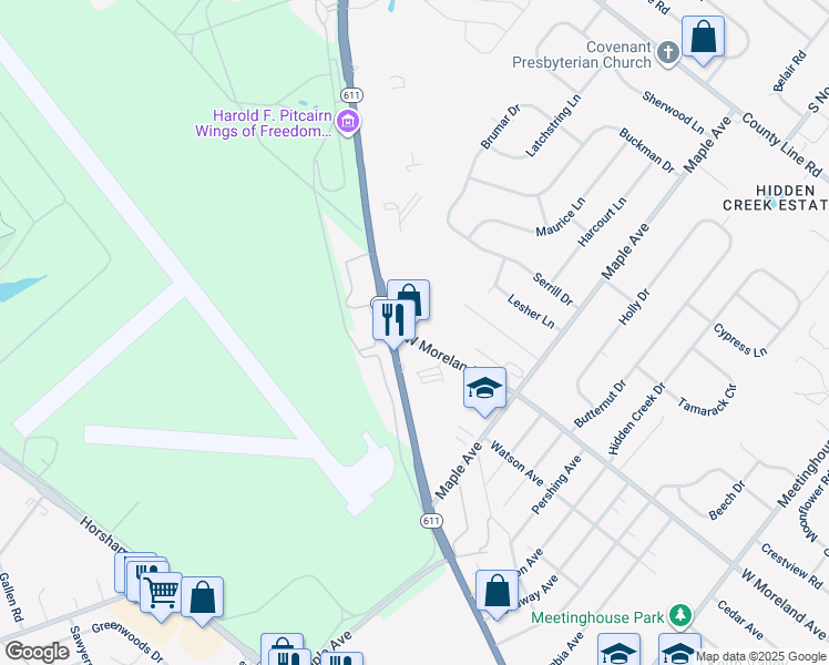 map of restaurants, bars, coffee shops, grocery stores, and more near 536 West Moreland Avenue in Horsham