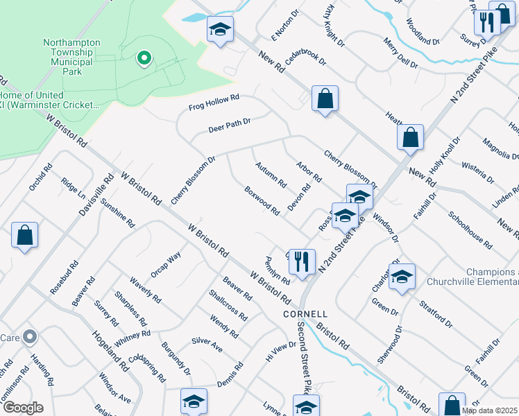 map of restaurants, bars, coffee shops, grocery stores, and more near 92 Boxwood Road in Churchville