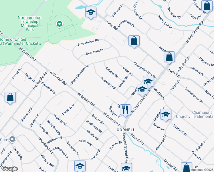 map of restaurants, bars, coffee shops, grocery stores, and more near 92 Boxwood Road in Churchville
