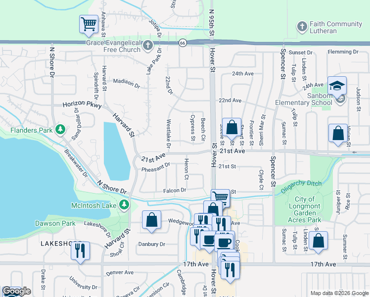 map of restaurants, bars, coffee shops, grocery stores, and more near 2618 Beech Circle in Longmont
