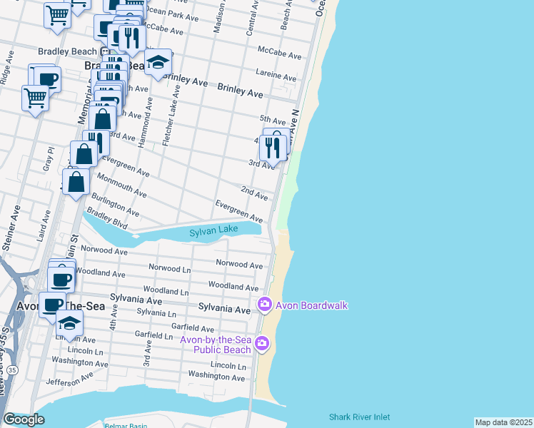 map of restaurants, bars, coffee shops, grocery stores, and more near 100 Ocean Avenue North in Bradley Beach