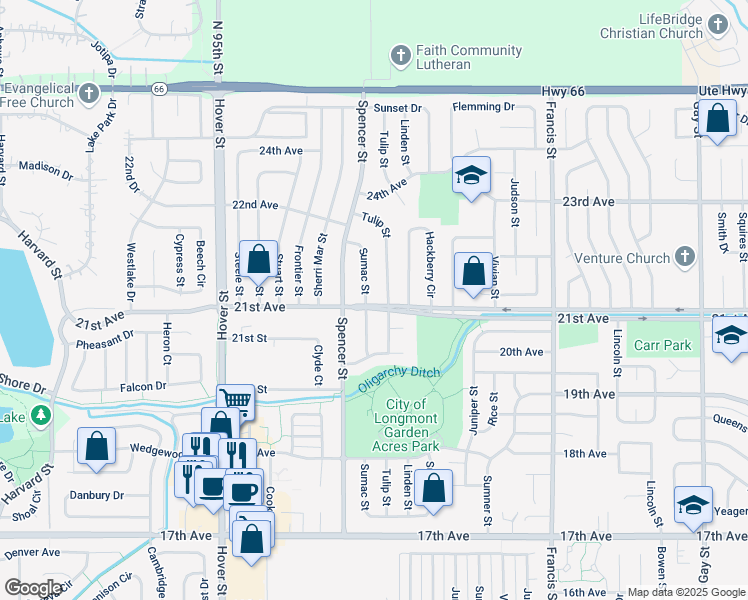 map of restaurants, bars, coffee shops, grocery stores, and more near 2124 Sumac Street in Longmont