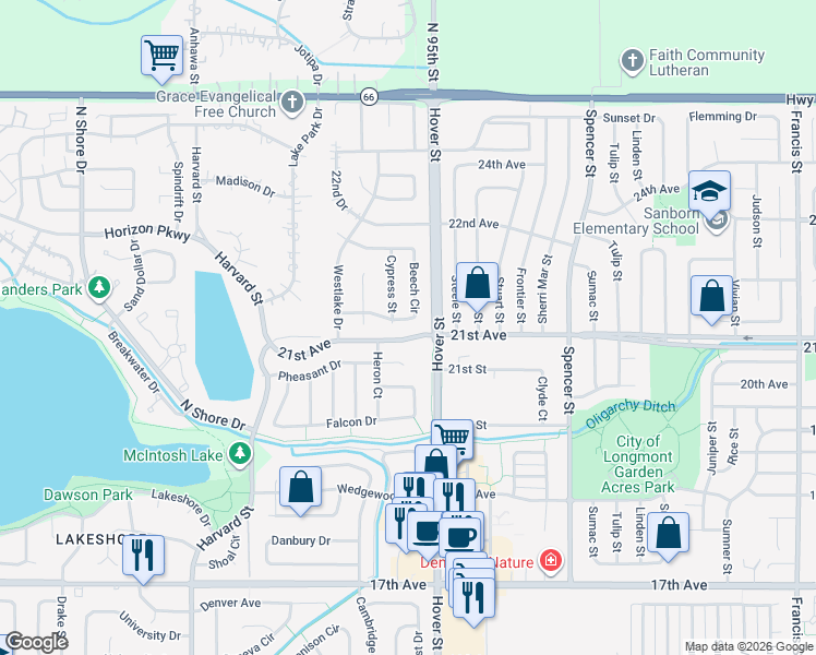 map of restaurants, bars, coffee shops, grocery stores, and more near 2658 Beech Circle in Longmont