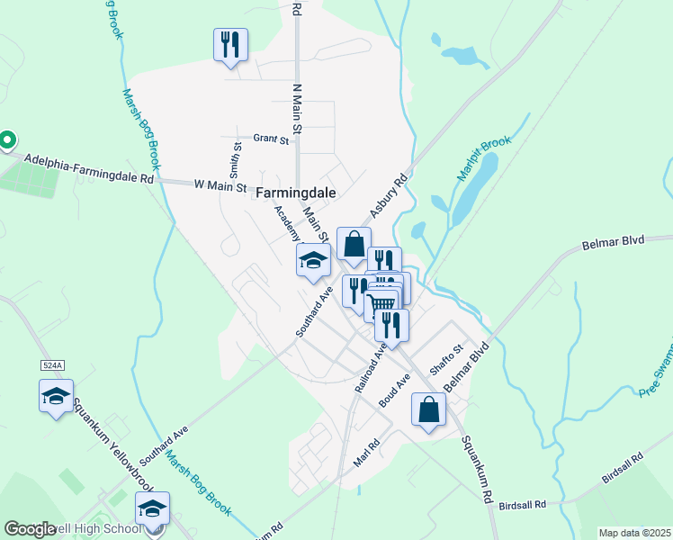 map of restaurants, bars, coffee shops, grocery stores, and more near in Farmingdale