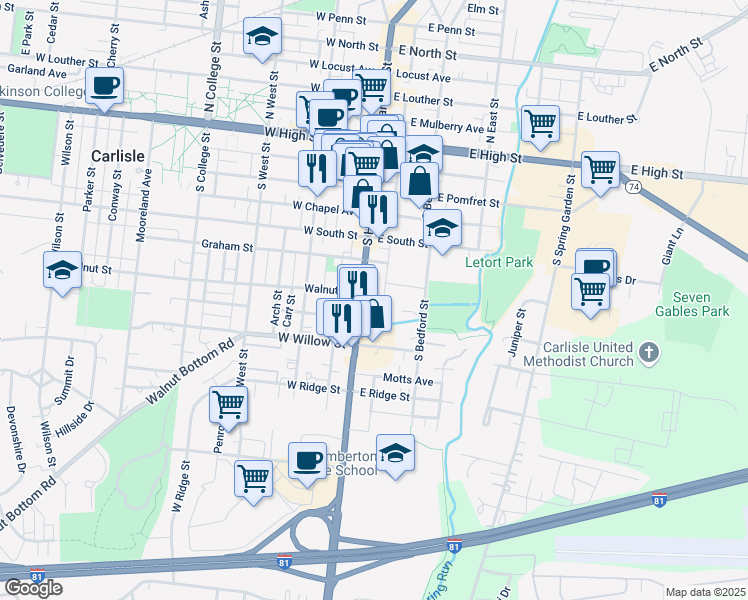 map of restaurants, bars, coffee shops, grocery stores, and more near 256 South Hanover Street in Carlisle