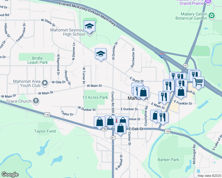 map of restaurants, bars, coffee shops, grocery stores, and more near 101 North Division Street in Mahomet