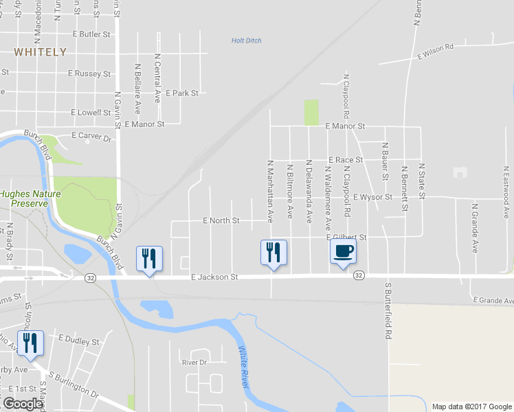 map of restaurants, bars, coffee shops, grocery stores, and more near 308 North Davis Avenue in Muncie