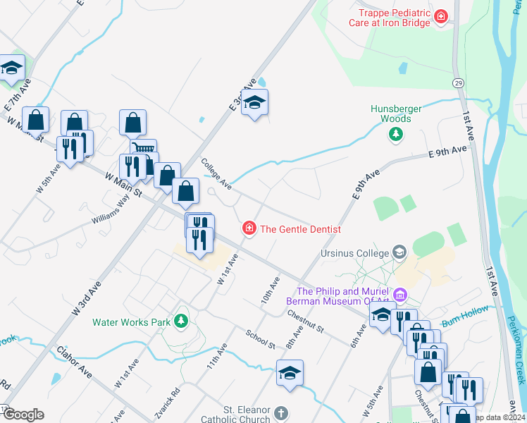 map of restaurants, bars, coffee shops, grocery stores, and more near 40 East 1st Avenue in Trappe