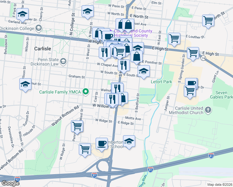 map of restaurants, bars, coffee shops, grocery stores, and more near 256 South Hanover Street in Carlisle
