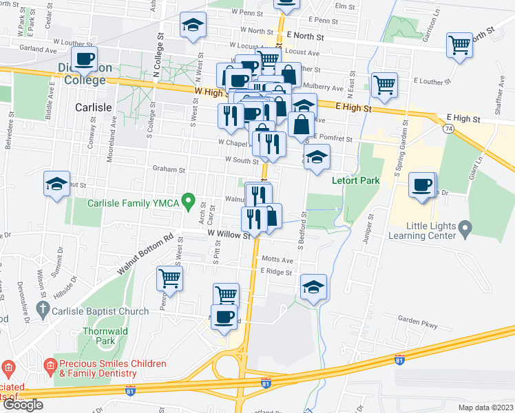 map of restaurants, bars, coffee shops, grocery stores, and more near 306 South Hanover Street in Carlisle