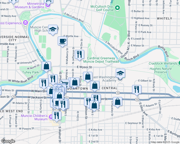 map of restaurants, bars, coffee shops, grocery stores, and more near 561 East Wysor Street in Muncie