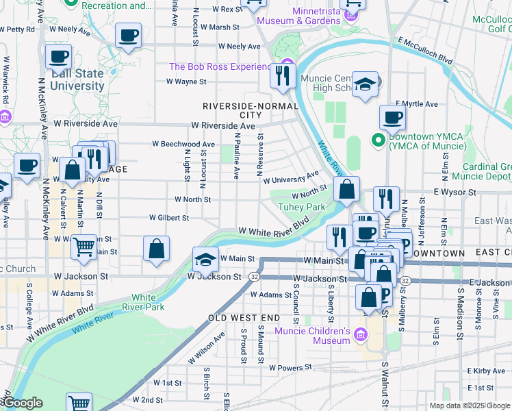 map of restaurants, bars, coffee shops, grocery stores, and more near 801 West North Street in Muncie