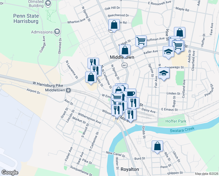 map of restaurants, bars, coffee shops, grocery stores, and more near 129 North Catherine Street in Middletown