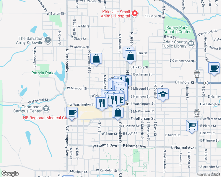 map of restaurants, bars, coffee shops, grocery stores, and more near 307 North Elson Street in Kirksville