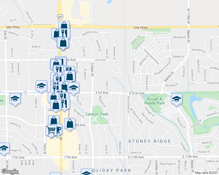 map of restaurants, bars, coffee shops, grocery stores, and more near 80 21st Avenue in Longmont
