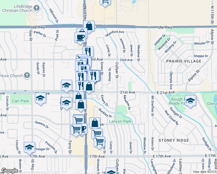 map of restaurants, bars, coffee shops, grocery stores, and more near 2147 Dexter Drive in Longmont