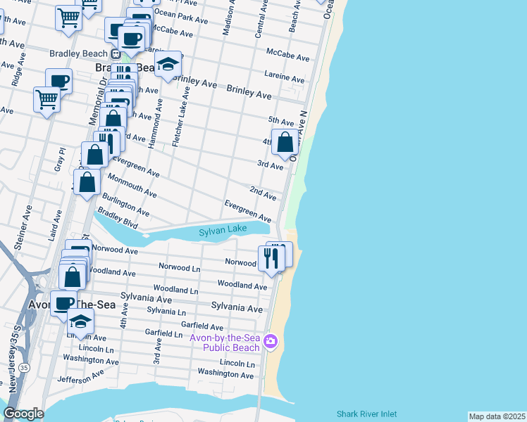 map of restaurants, bars, coffee shops, grocery stores, and more near 115 2nd Avenue in Bradley Beach