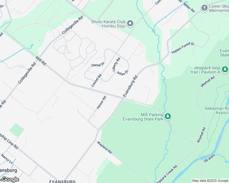 map of restaurants, bars, coffee shops, grocery stores, and more near 715 Evansburg Road in Collegeville
