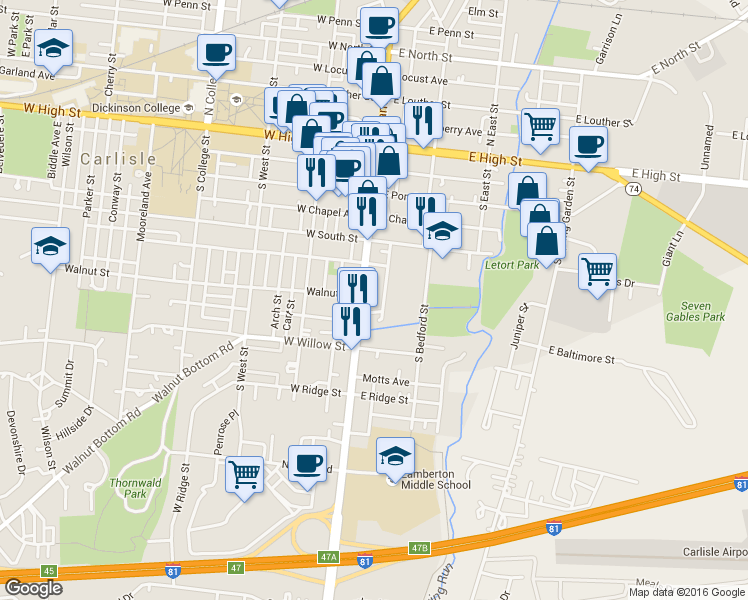 map of restaurants, bars, coffee shops, grocery stores, and more near 256 South Hanover Street in Carlisle