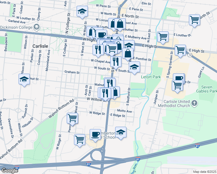 map of restaurants, bars, coffee shops, grocery stores, and more near 256 South Hanover Street in Carlisle