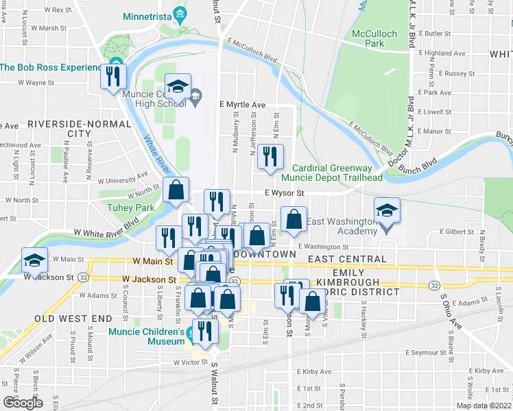 map of restaurants, bars, coffee shops, grocery stores, and more near 221 East Wysor Street in Muncie