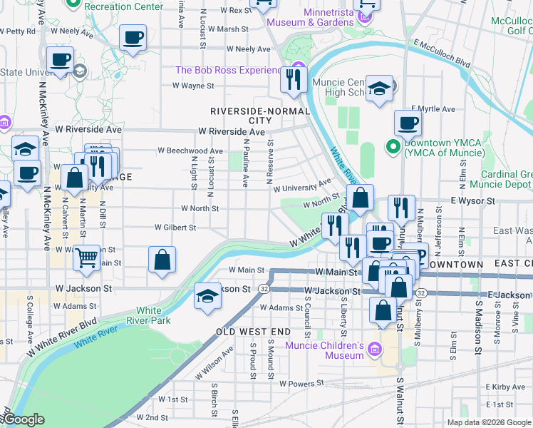 map of restaurants, bars, coffee shops, grocery stores, and more near 814 West North Street in Muncie