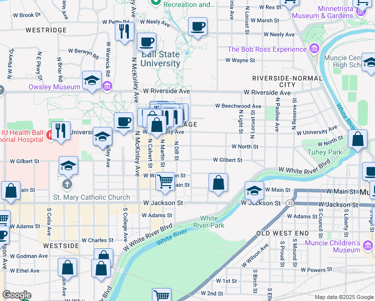 map of restaurants, bars, coffee shops, grocery stores, and more near 319 North Dicks Street in Muncie