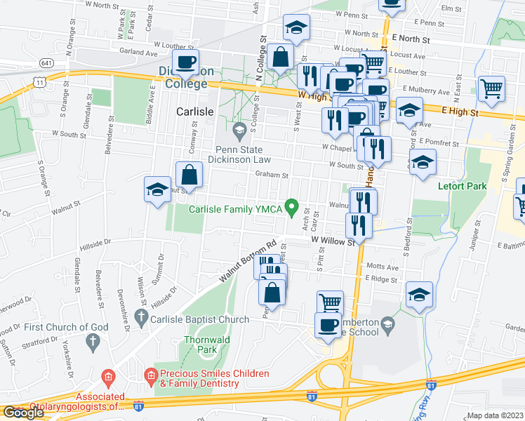map of restaurants, bars, coffee shops, grocery stores, and more near 253 West Baltimore Street in Carlisle