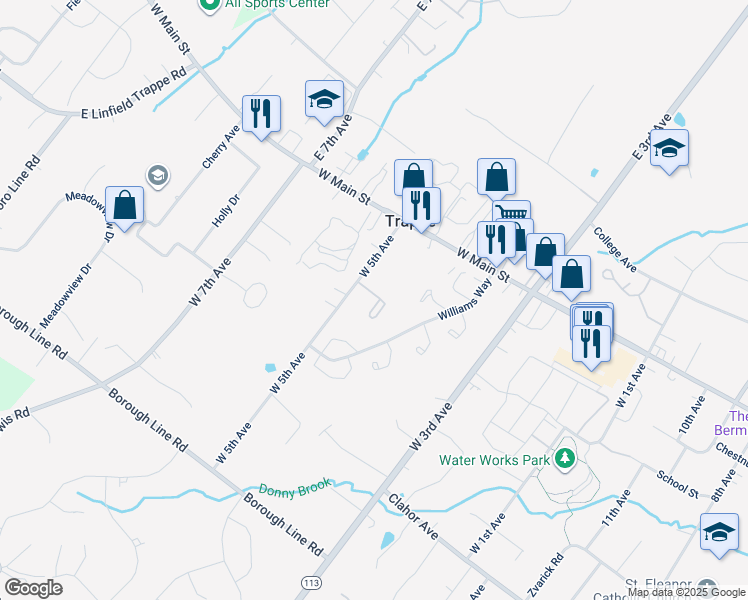 map of restaurants, bars, coffee shops, grocery stores, and more near 114 Fairway Drive in Collegeville
