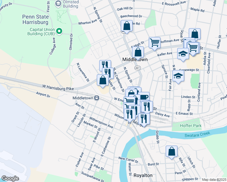 map of restaurants, bars, coffee shops, grocery stores, and more near 172 Nissley Street in Middletown