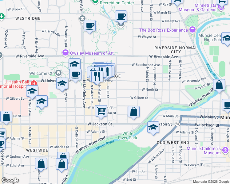 map of restaurants, bars, coffee shops, grocery stores, and more near 408 North Dill Street in Muncie