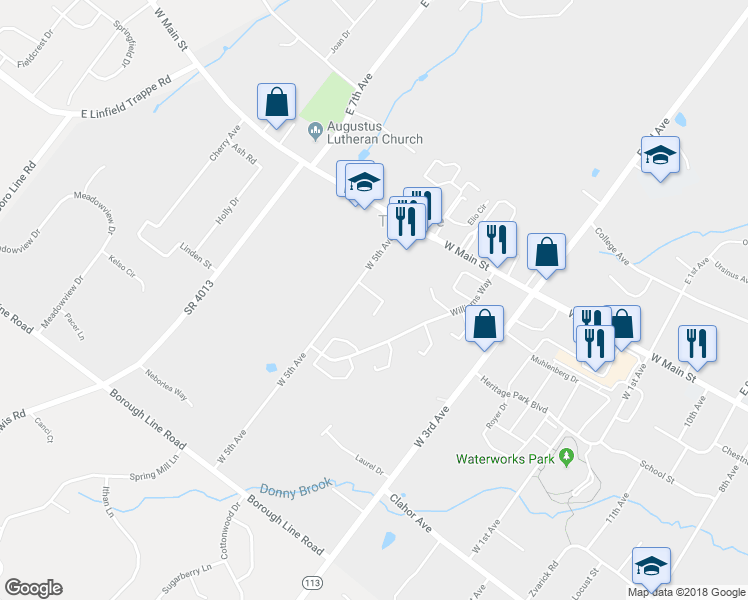 map of restaurants, bars, coffee shops, grocery stores, and more near 114 Fairway Drive in Collegeville