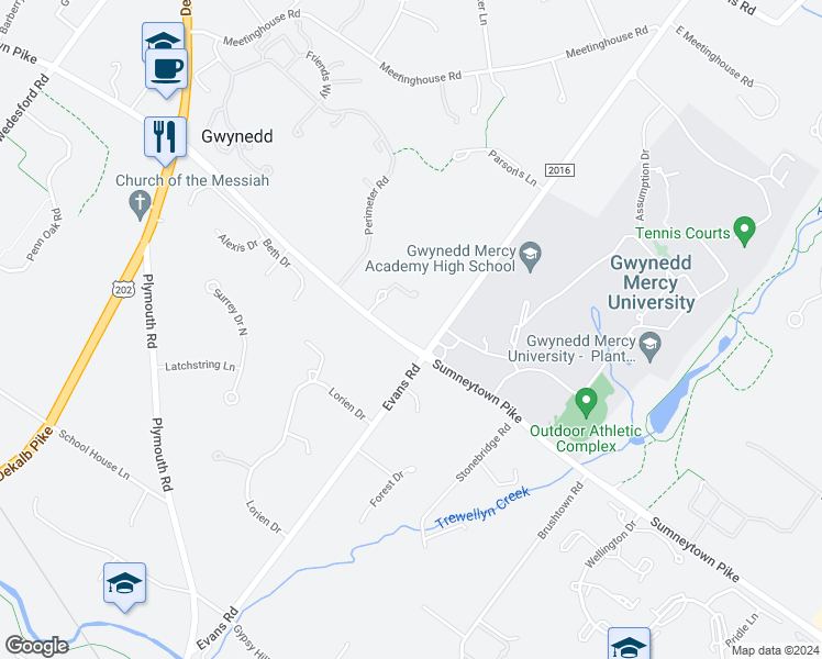 map of restaurants, bars, coffee shops, grocery stores, and more near 1405 Sumneytown Pike in Ambler